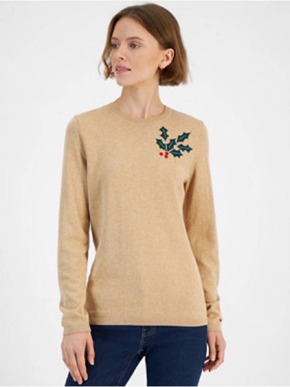 Tommy Hilfiger Tan Christmas Holly Crewneck Sweater
